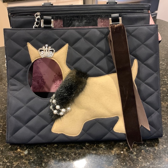 My Flat in London Other - My Flat in London Dog Carrier Tote Purse Black Tan Pearls Fur Crystal Tiara